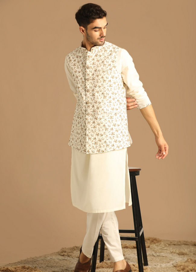 alt message - Manyavar Men Sea Shell White Kurta Jacket With Floral Work image number 1